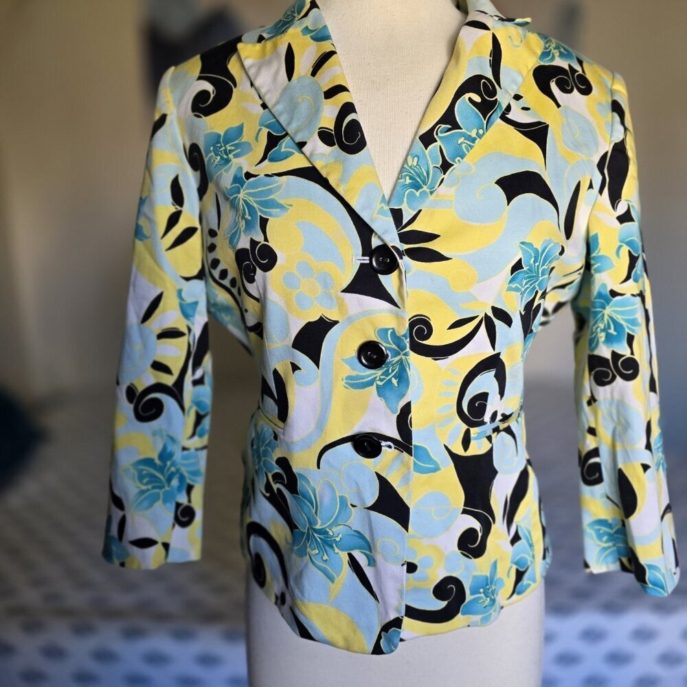 Tahari Arthur S. Levine Vintage Floral Blazer 12P Blue Yellow Botanical Cotton - Picture 9 of 16